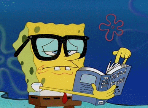 Spongebob Squarepants wears glasses and flips through a book.