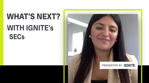 Clip from episode one of "What's Next", showing North campus Student Engagement Co-ordinator Camila Ruiz Tacha and Ken Steele smiling at one another over a video call. 