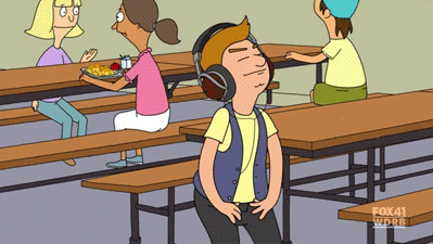A cartoon person dances with headphones on.