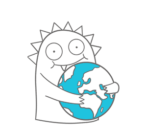 A cartoon monster hugs planet Earth.