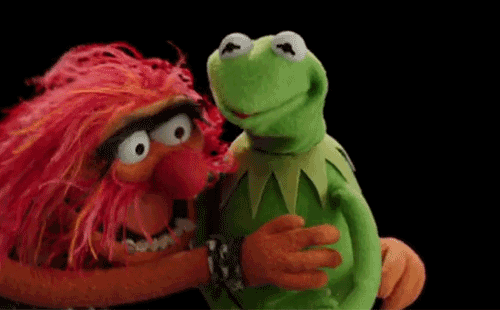 Kermit the Frog and Animal hug each other.