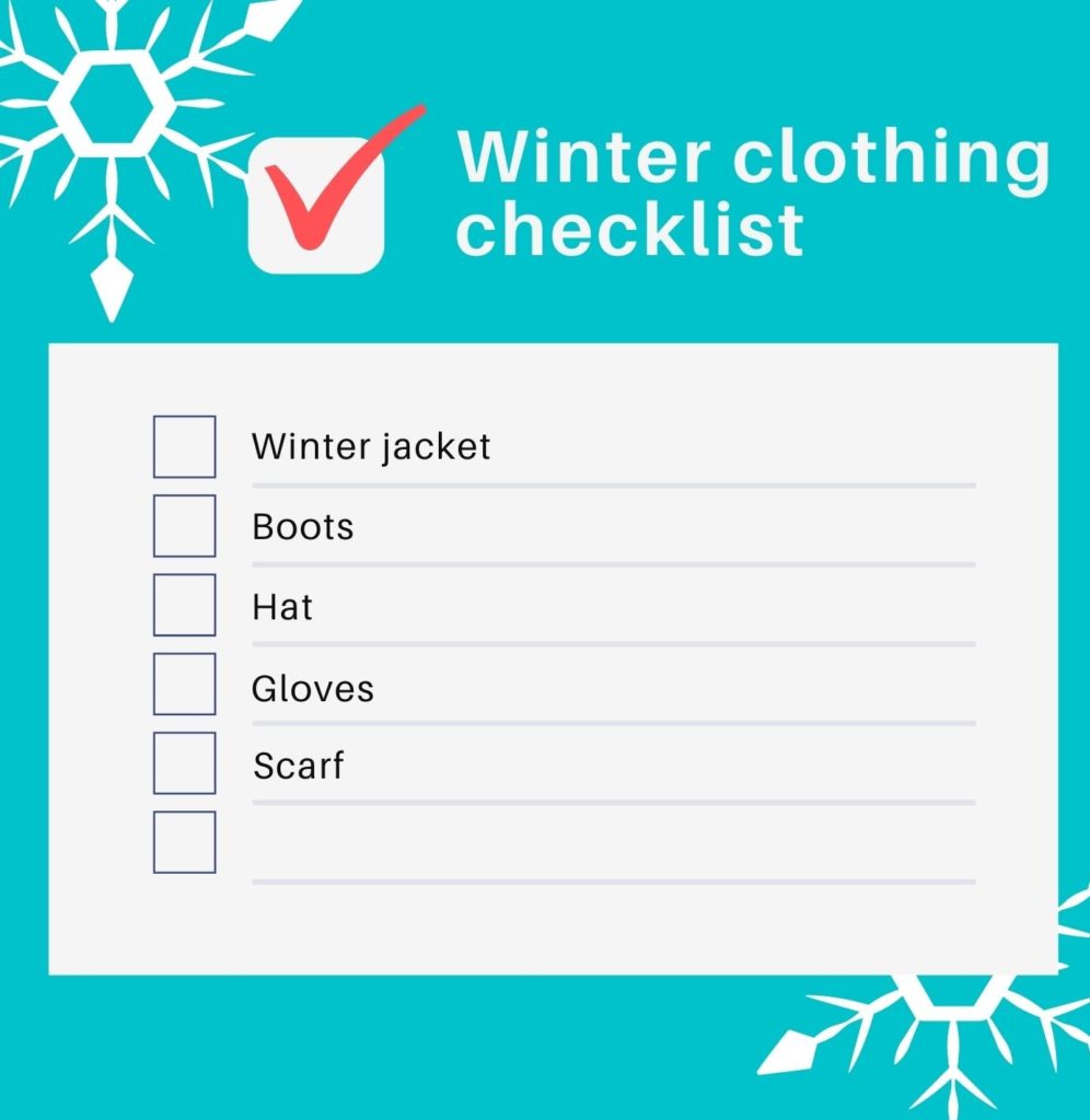 A winter clothing checklist that reads: Winter jacket, boots, hat, gloves and scarf