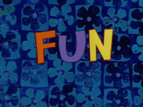 Spongebob Squarepants cartwheels over the word "fun".