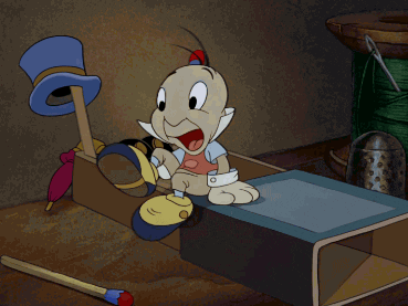 Jiminy Cricket is meditating by going to sleep.
