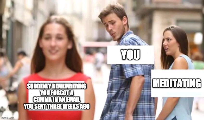 A version of the "distracted boyfriend" meme where the boyfriend is labelled "you", the girlfriend is labelled "meditating" and the other woman is labelled "suddenly remembering you forgot a comma in am email you sent three weeks ago."