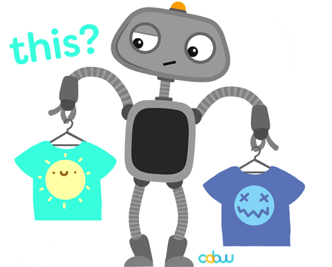 A robot chooses between two T-shirts.
