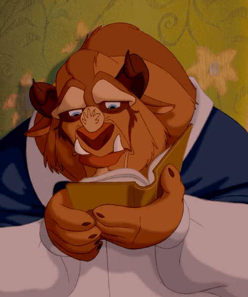 The Beast from Disney's Beauty and the Beast (1991) tries to read.