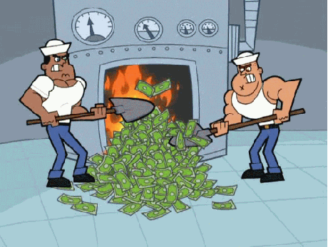 Two people shovel money into an incinerator.