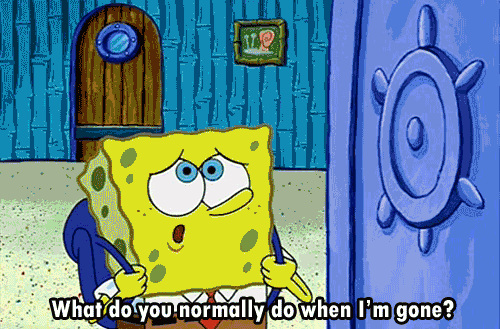 Spongebob asks, "What do you normally do when I'm gone?" and Patrick says, "Wait for you to get back." 