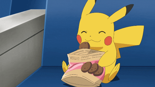 Pikachu eats a snack.