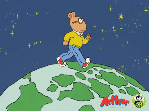 Cartoon character Arthur walking on the earth as it rotates
