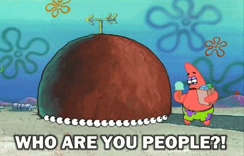 Patrick Star says, "Who are you people?!"