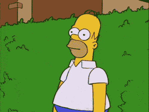 Homer Simpson disappears into shrubs.