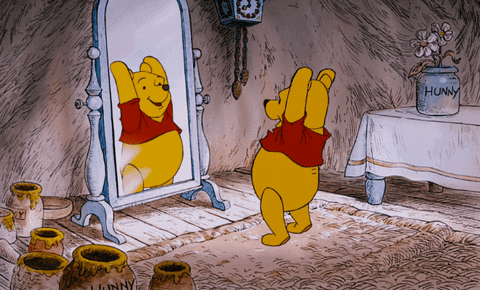 Winnie the Pooh stretching in front of a mirror