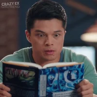 Man looking shocked while reading a book.