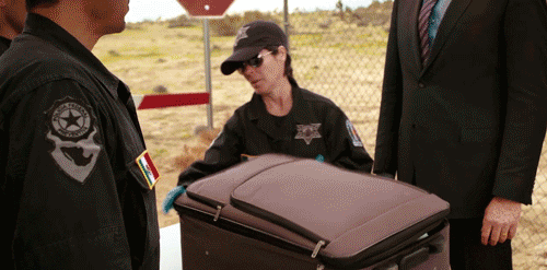 Police opening suitcase full of sunscreen