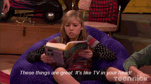 ICarly Sam Pucket holding book saying "These things are great. It's like TV in your head!" 