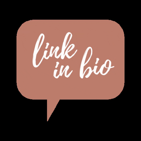 A rose-coloured chat bubble that reads "link in bio."