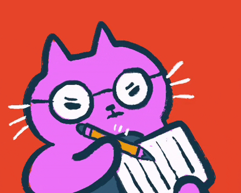 A cartoon cat writes in a notepad.