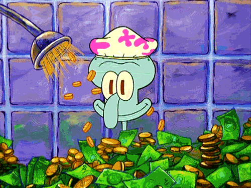 Squidward from Nickelodeon's "Spongebob Squarepants" showering in money.