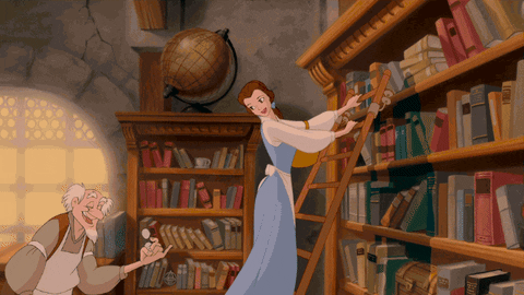 Belle from "Beauty and the Beast" gliding on a ladder in front of books. 