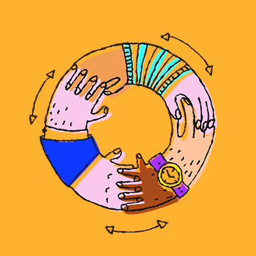 Cartoon hands of varying skin tones interconnected in a circle.