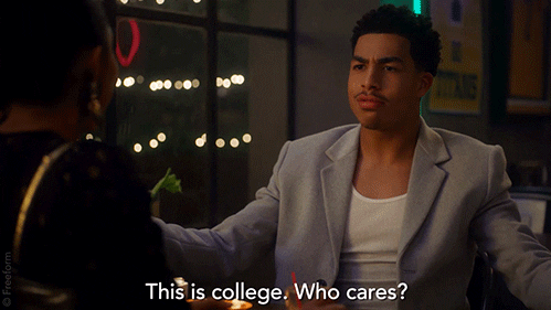 A man saying, "This is college. Who cares?"