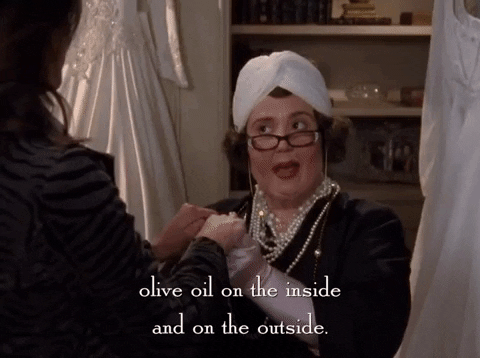 A person saying, "Olive oil on the inside and on the outside." 