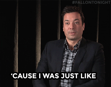 Jimmy Fallon says "'Cause I was just like, you know what I mean?" while chaotically waving his arms.