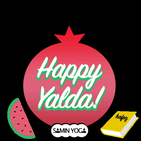 Pomegranate with text "Happy Yalda" surrounded by the moon, watermelon and Hafez poetry.