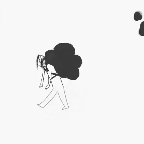 A cartoon person walks around with a heavy backpack on and a dark cloud over their head.