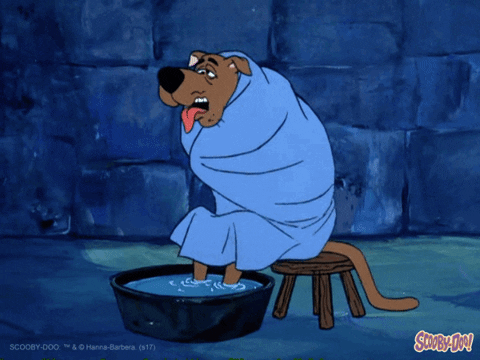 Scooby Doo, sick, shivers while wrapped in a blue blanket.