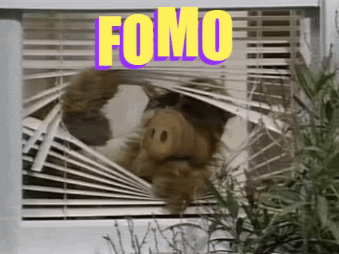ALF from the tv show ALF looking out the binds and window with "FOMO" hovering above.