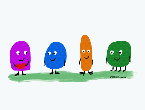 Cartoon purple, blue, orange and green shapes passing a heart to each other.