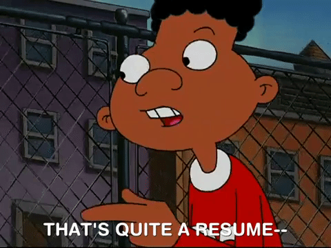 Gerald Johanssen from Hey Arnold walking and saying "That's quite a resume."