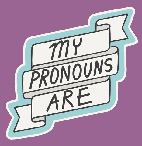 "My pronouns are:" on a flashing blue and pink ribbon with a purple background.