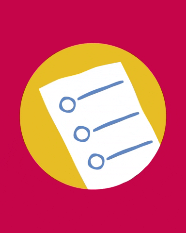 A checklist in a yellow circle with a red background. Items on a check list being marked off.
