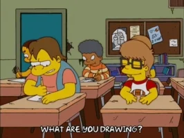 Simpsons characters in class talking while taking an exam.