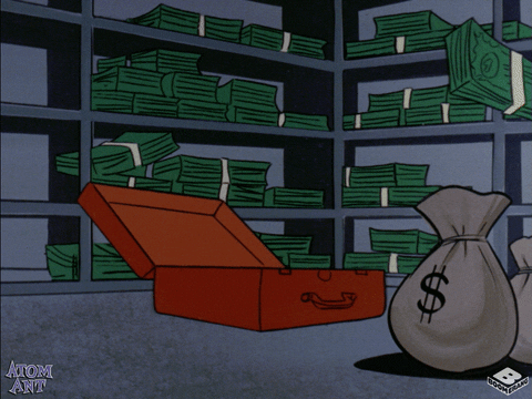 Stacks of cartoon money thrown into a briefcase that closes.
