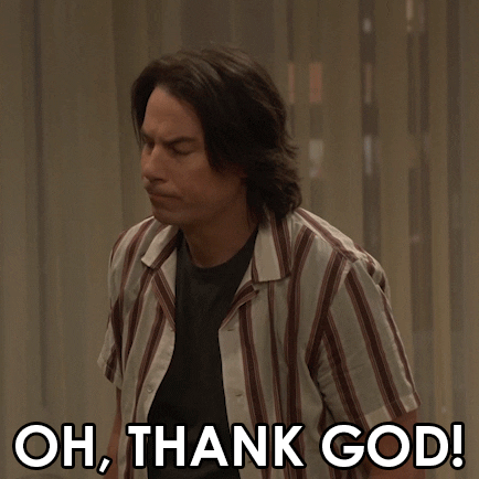 Spencer from ICarly saying "Oh, thank god" gratefully.