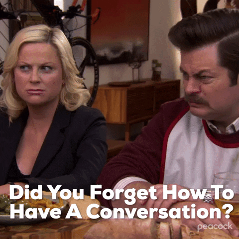 Ron Swanson from Parks and Rec asking Leslie Knope "Did you forget how to have a conversation?"
