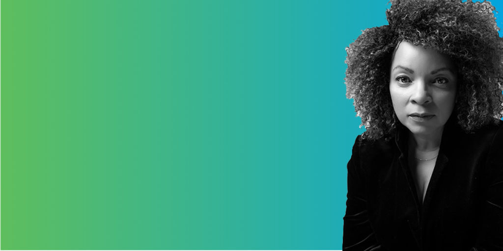 Ruth E. Carter against a green and blue background.