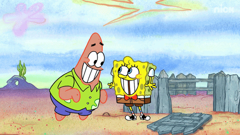 SpongeBob SquarePants and Patrick Star grinning with a rainbow that says "Opportunity" appearing in the background.
