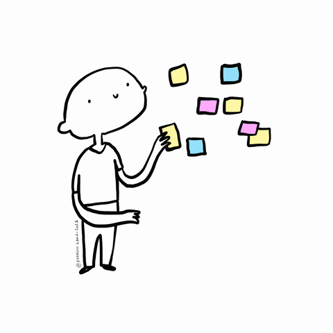 Doodle person placing sticky notes on a wall.