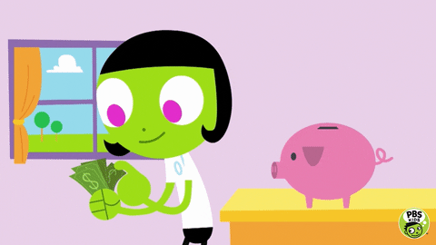 Animated girl counting a bunch of cash and putting a part of it in her piggy-bank.