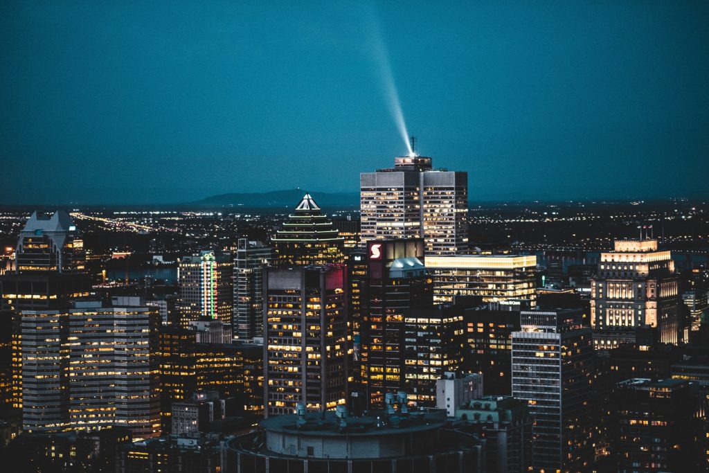 Night time view of Montreal city.