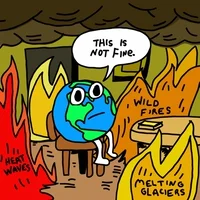 An animated image of the earth sitting in a burning room.
Earth thinks: This is not fine.
Text on the flames around it: Wild fires, melting glaciers, heat waves.