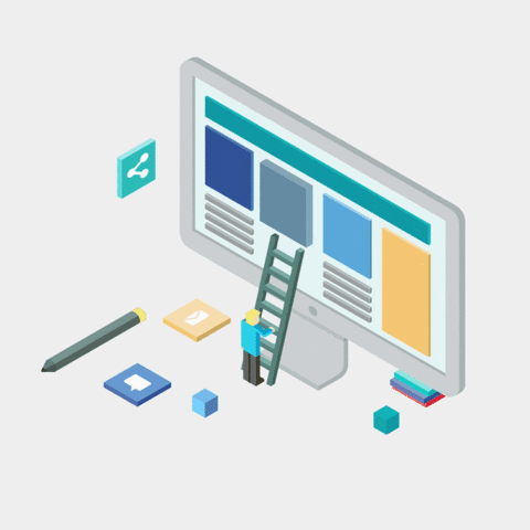 Cartoon man climbing up ladder to a laptop screen building a website with other website parts lying around.