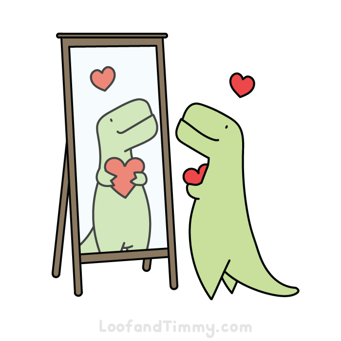 Green dinosaur standing in front of a mirror smiling and holding a red heart.