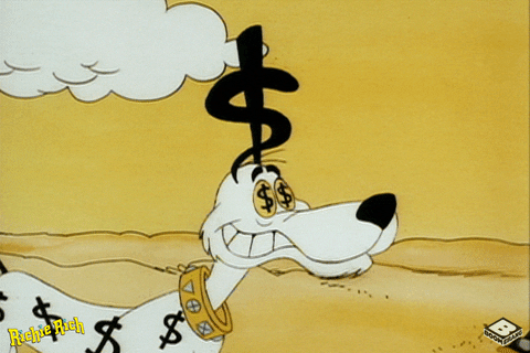 Cartoon dog with money sign spots, eyes and money signs circling its head.